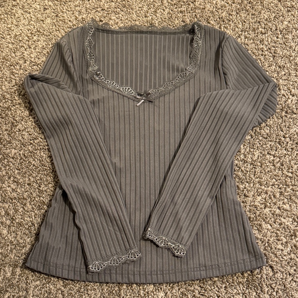 Elegant Gray Lace Trim Top